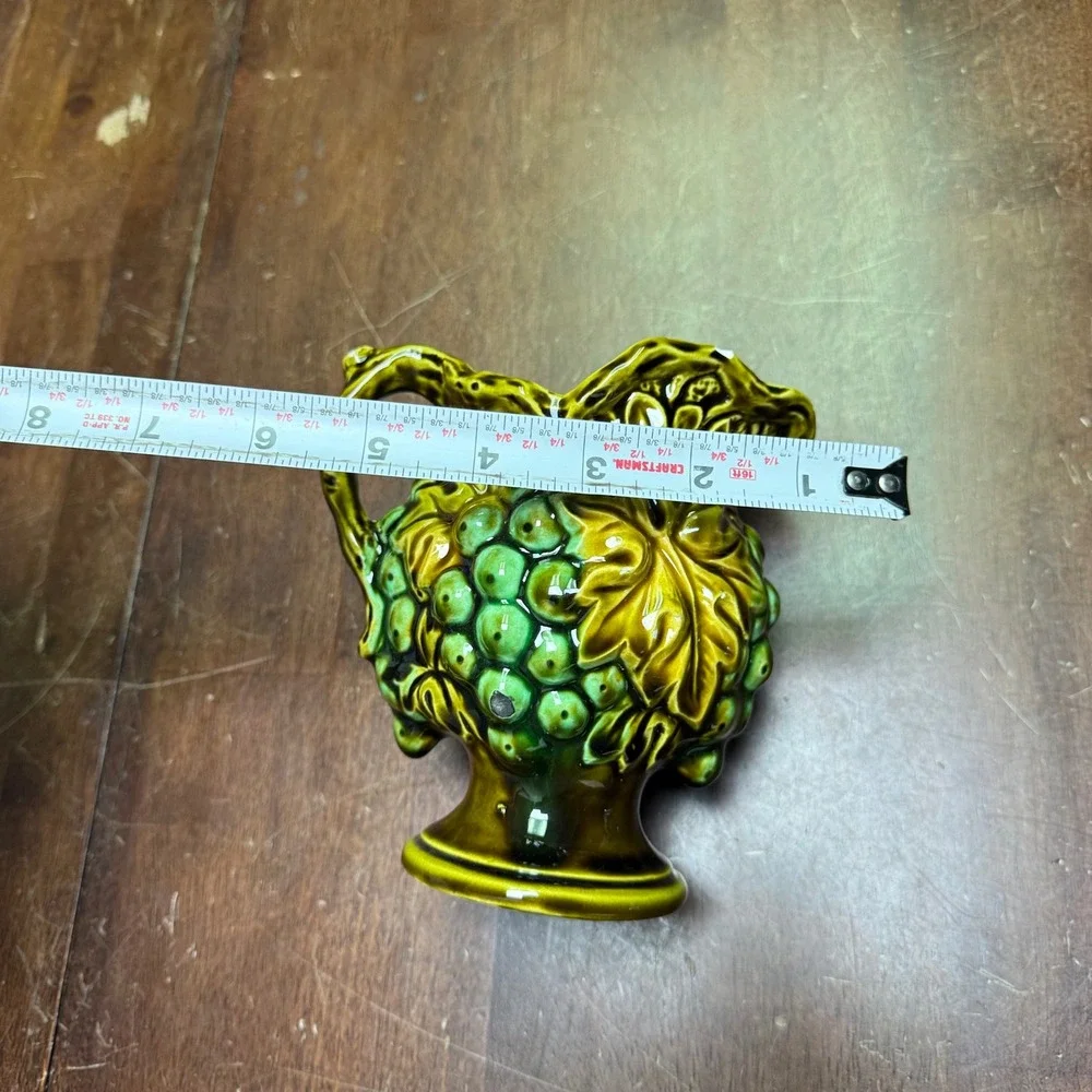 Vintage Japan Ceramic Grape Pitcher Small Green Gold Majolica Style 5.5in